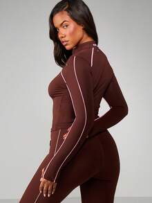 Missguided x Playboy Fitted Zip Front Jacket With Contrast Piping Detail Long Sleeve Lightweight Outerwear - Coffee Brown - View 2