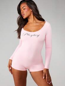 Missguided x Playboy 女士系带露背长袖连体紧身衣，弹力修身款 - 粉色 - 查看 5