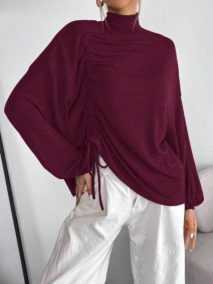 Siren Gaze Áo thun cổ lọ tay dài màu trơn có dây rút viền bất đối xứng dành cho nữ - Màu đỏ tím - Xem 1
