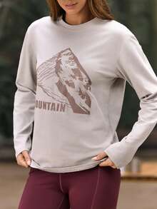 SHEIN In My Nature 女士户外山峰字母印花长袖宽松T恤，春秋季 - 淺灰色 - 查看 2