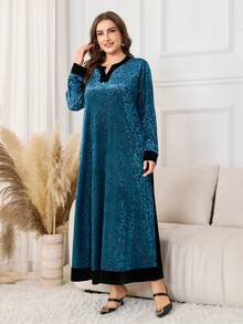 Lacomfia 复古蓝色提花撞色连衣裙，女士长袖V领宽松显瘦大码优雅长裙 - 藍色 - 查看 5