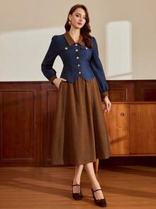 Vintamour Bộ đồ 2 món thanh lịch cổ điển dành cho nữ, có túi, áo sơ mi có cúc kim loại, váy chữ A, trang phục ngày lễ thường ngày, trang phục giáo viên dành cho nữ, quần áo mùa thu dành cho nữ, trang phục mùa thu dành cho nữ, trang phục đi nghỉ, trang phục mùa đông dành cho nữ, váy công sở thanh lịch dành cho nữ, trang phục cao bồi dành cho nữ, váy thanh lịch dành cho nữ, trang phục miền Tây dành cho nữ, váy mùa thu dành cho nữ, váy dạ hội - Nhiều màu - Xem 4