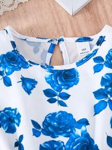 SHEIN 2 件套青少年女孩优雅盖袖串珠上衣和花卉印花连衣裙（配腰带），适合春夏季、假日、夏季、旅行 - 藍色 - 查看 7