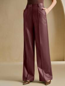 Anewsta 新款高品质柔软皮革阔腿裤，适合秋季、冬季、春季、新年、派对、婚礼、时尚、优雅、商务休闲等场合，也适合感恩节、毕业典礼、圣诞节等节日穿着。 - 酒紅色 - 查看 7