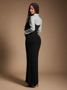 Radiana 大码女式优雅独特黑白条纹二合一衬衫裙，适合办公室/工作场合、商务休闲、通勤、约会、聚会、休闲外出、秋冬季穿着。 - 彩色 - 查看 2