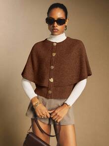 Poéselle Women's Fashionable Poncho 2 In 1 Sweater, Autumn/Winter Earthy Clothes Women Brown Clothes Brown Sweater - Brown - View 7