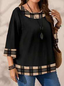 EMERY ROSE Plus Size Women's Casual Romantic Plaid Pattern Colorblock Print Round Neck Loose 3/4 Sleeve Shirt, Black - Multicolor - View 5