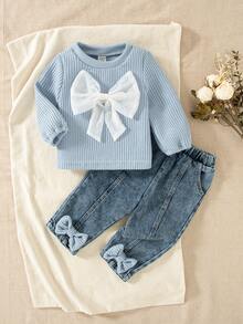 SHEIN Playful Pals 2pcs/Set Baby Girl Autumn&Winter Casual Style Suit,Bowknot Decoration ,Long Sleeves Top&Long Jeans