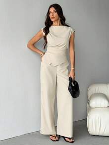 SHEIN Tall 极简通勤办公穿搭，新款春夏船领泡泡袖收腰女式衬衫+高腰超长阔腿女式长裤，高个版