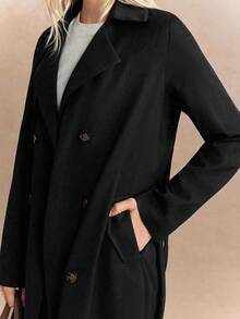 Écloséra French Retro Navy Blue Striped Fitted Lapel Original Fabric Belt Waist Closure Slant Pockets Women's Autumn/Winter Long Sleeve Trench Coat With Contrasting Butterfly Print Lining - Black - View 5