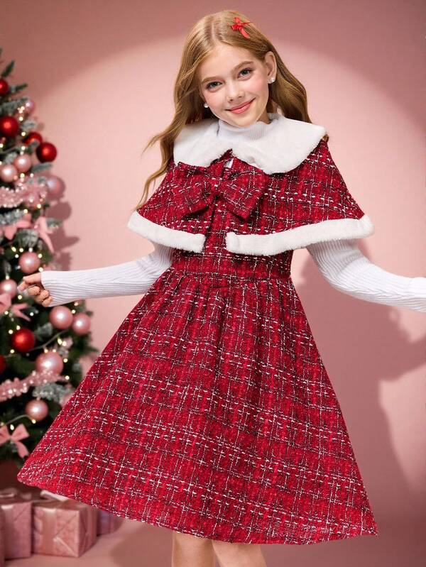 Girls' Christmas Wine Red Flared Dress With Bowknot Cape Jacket, Winter