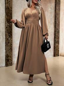Roveilla 大码休闲纯色灯笼袖侧开衩连衣裙，春秋季女士长款套装 - 摩卡棕 - 查看 3
