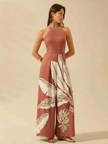 CAJUNI 女士度假休闲露背棕榈树棕色连体裤 - 棕色 - 查看 4