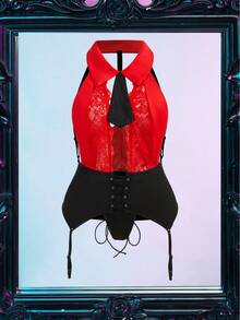 Spicy Aura Plus Size Lace Patchwork Roleplay Secretary Lingerie, For Christmas - Red - View 3