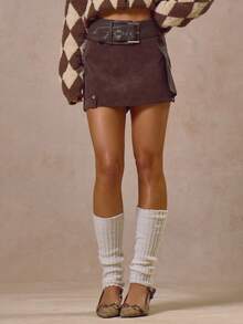 MUSERA 层叠仿皮搭扣细节迷你裙，秋冬酷炫街头风，休闲日常百搭，复古新潮，适合各种场合，如圣诞派对