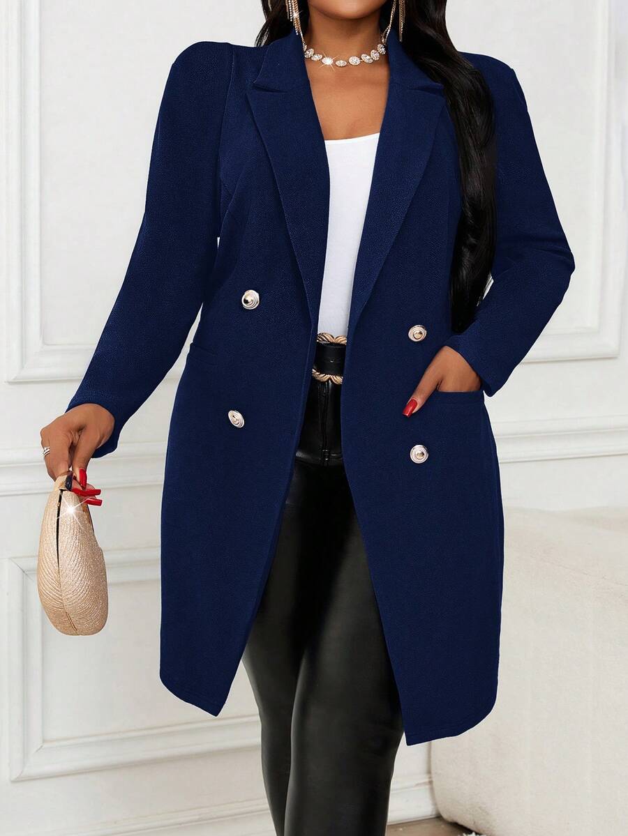 SHEIN Lady 新款秋冬优雅工作服藏蓝色羊腿袖大码外套，适合新年和感恩节等节日穿着，时尚百搭，包括女士西装外套、藏蓝色和宝蓝色外套，以及黑色夹克。 - 藏蓝色 - 查看 1