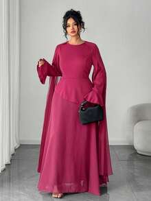 SHEIN Tall CURVE Vestido elegante de estilo vintage francés con estilo chic del Medio Oriente para mujer de talla grande, con cintura ajustable, mangas acampanadas y hombros drapeados, adecuado para fiestas, ropa de mujer de otoño/invierno, fiesta de club, elegante, vestidos formales de mujer, vestido de noche - Burdeos - Ver 5