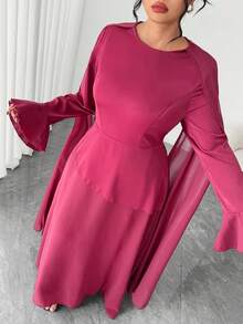 SHEIN Tall CURVE Vestido elegante de estilo vintage francés con estilo chic del Medio Oriente para mujer de talla grande, con cintura ajustable, mangas acampanadas y hombros drapeados, adecuado para fiestas, ropa de mujer de otoño/invierno, fiesta de club, elegante, vestidos formales de mujer, vestido de noche - Burdeos - Ver 7