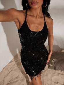 Opulessa Váy mini hở lưng sequin gợi cảm thời trang - màu đen - Xem 6