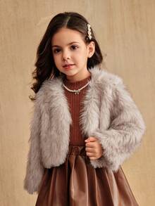 SHEIN Elladie kids Winter New Fashionable & Chic Girls Faux Fur Jacket, Tie Dye Fluffy High-End Short Thick Coat Fall