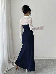 Elenzga Váy đuôi cá phối lưới hoa thêu hoa thanh lịch, lãng mạn, eo ôm vừa vặn dành cho nữ - Màu xanh hải quân - Xem 2