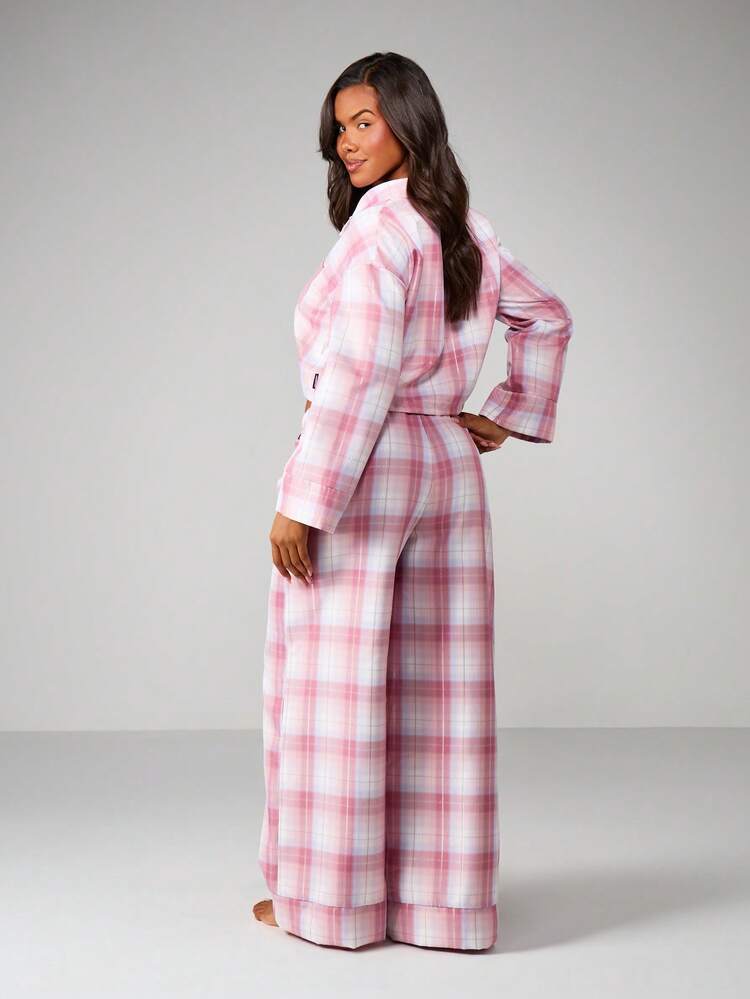 Missguided x Playboy Christmas Christmas Checkered Crop Shirt And Wide Leg Pajama Set