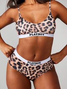 Missguided x Playboy Bộ đồ lót và áo ngực họa tiết da báo có dây thun co giãn logo - Nhiều màu - Xem 3