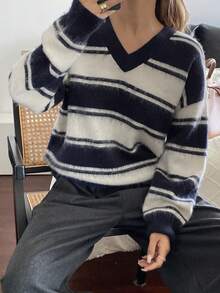 DAZY Women's Casual Colorblock Striped V-Neck Sweater, Autumn/Winter - Navy Blue - View 6