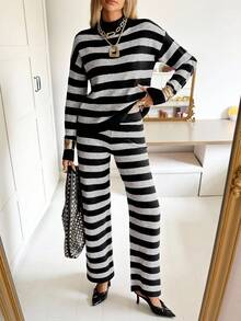 Siren Gaze 2pcs Women Black And White Striped Sweater Set,High Neck Long Sleeve Drop Shoulder Pullover And Pants Suit,Autumn Casual Lounge Knit 2 Pieces Outfit - Multicolor - View 3