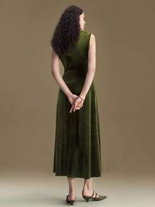 Ontre Women's Olive Green Velvet Fabric Comfortable Soft Off Shoulder Ruched Ruched Design Waist Slanted Split Flared Hem Patchwork All-Season Versatile Modern Urban Casual Business Office Dress, Low-Key Elegant High-Quality Airport Outfit, High-End Cruise Wear, Christmas New Year Party Dress New Year Look High-End, Elegant, Old-Fashioned Cruise Attire For Wedding Guests Christmas Evening Clothes New Year Atmosphere Holiday Party Women's Clothing Waist Detail Flared Dress