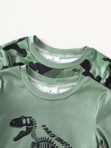 Young Boys Pajamas-Pajama Set Crew Neck Long Sleeve Top Long Pants Dinosaur Fossil Camo Print Stylish Army Green Lightweight Comfortable Cute Homewear All Season 2026 New Year Essential Snug Fit - Green - View 7