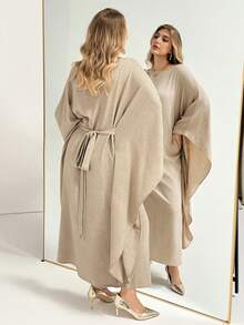 Auralis 大码女装春秋时尚优雅宽松舒适日常修身腰带杏色披肩长裙，保守连衣裙，春季服装，休闲长裙，Jalabiya - 卡其色 - 查看 1