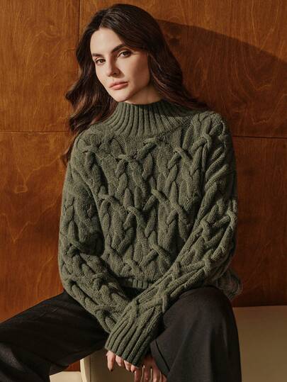 Anewsta Suéter holgado y elegante de cuello alto con flores 3D para mujer, color verde, estilo acogedor para Navidad y Acción de Gracias, otoño/invierno