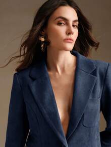 Anewsta 绒面革长袖优雅多口袋西装外套 - 藏蓝色 - 查看 4