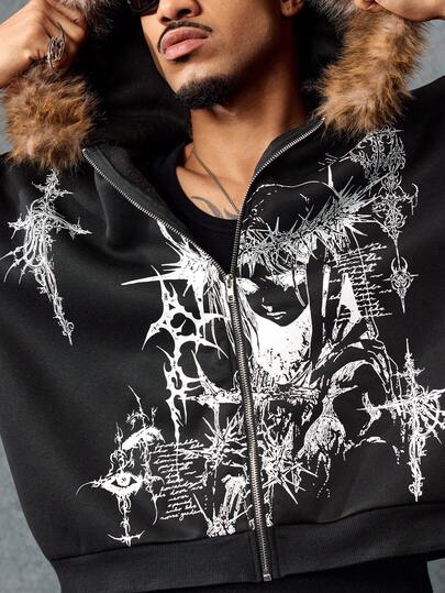 Street Life Men's Anime Character Hooded Sweatshirt With Fur Collar