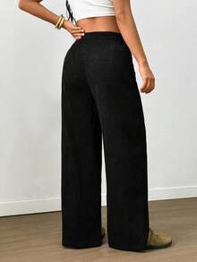 SHEIN LUNE Women's Solid Color Drawstring Faux Pocket Casual Pants, Autumn - Black - View 2