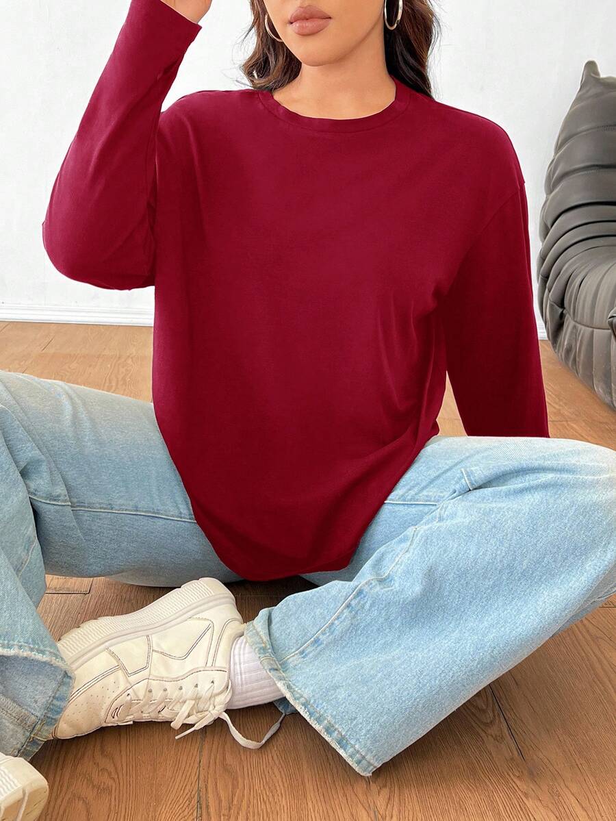 SHEIN EZwear 秋季大码纯色休闲长袖T恤 - 紅色 - 查看 1