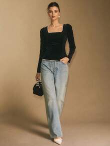 Poéselle Women's Velvet Square-Neck Long-Sleeve Top, Elegant Puff-Shoulder Top For Holiday & Evening, Faux Pearl Embellished Top, Velvet Black Square Neck Top, Holiday Going Out Top - Black - View 6