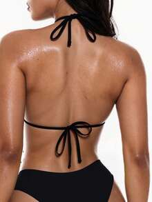 Swim Basics 2pcs Women's Summer Beach Leopard Print Ruched Sexy Halter Bikini Top With Frill Trim - Black - View 2