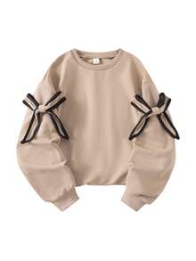 Sparklyn "Tween Girls Beige 2 Pieces Outfit - Oversized Sweatshirt With Bow Detail & Wide-Leg Pants Co-Ord Set For Casual Daily Wear" - Khaki - View 8