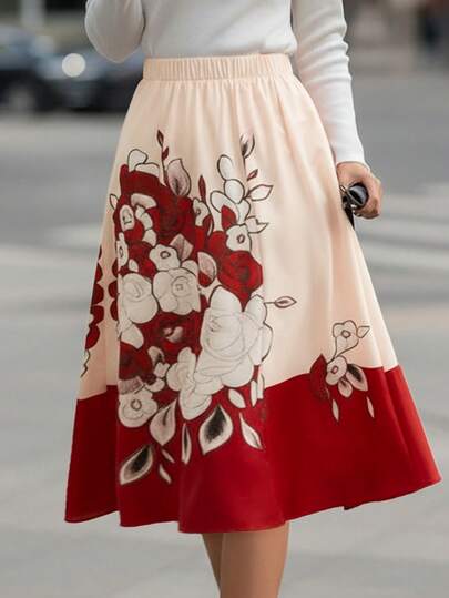 EMERY ROSE Women's High Waist Floral Print Pleated Design Elegant Skirt