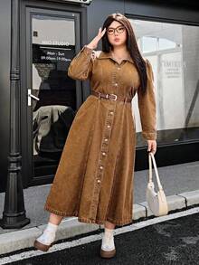 SHEIN ICON Váy denim cài nút phía trước thường ngày cỡ lớn - Màu Khaki - Xem 6