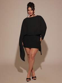 SHEIN BAE Plus Size Women's Black V-Neck Fitted Elegant Mini Dress,Autumn Formal Evening Night Out Club,Christmas Party Wedding Birthday Birthday Curve Dresses - Black - View 4