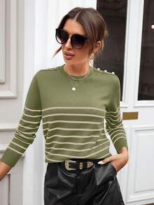 SHEIN LUNE Striped Pattern Button Detail Sweater In Fall/Winter - Green - View 4