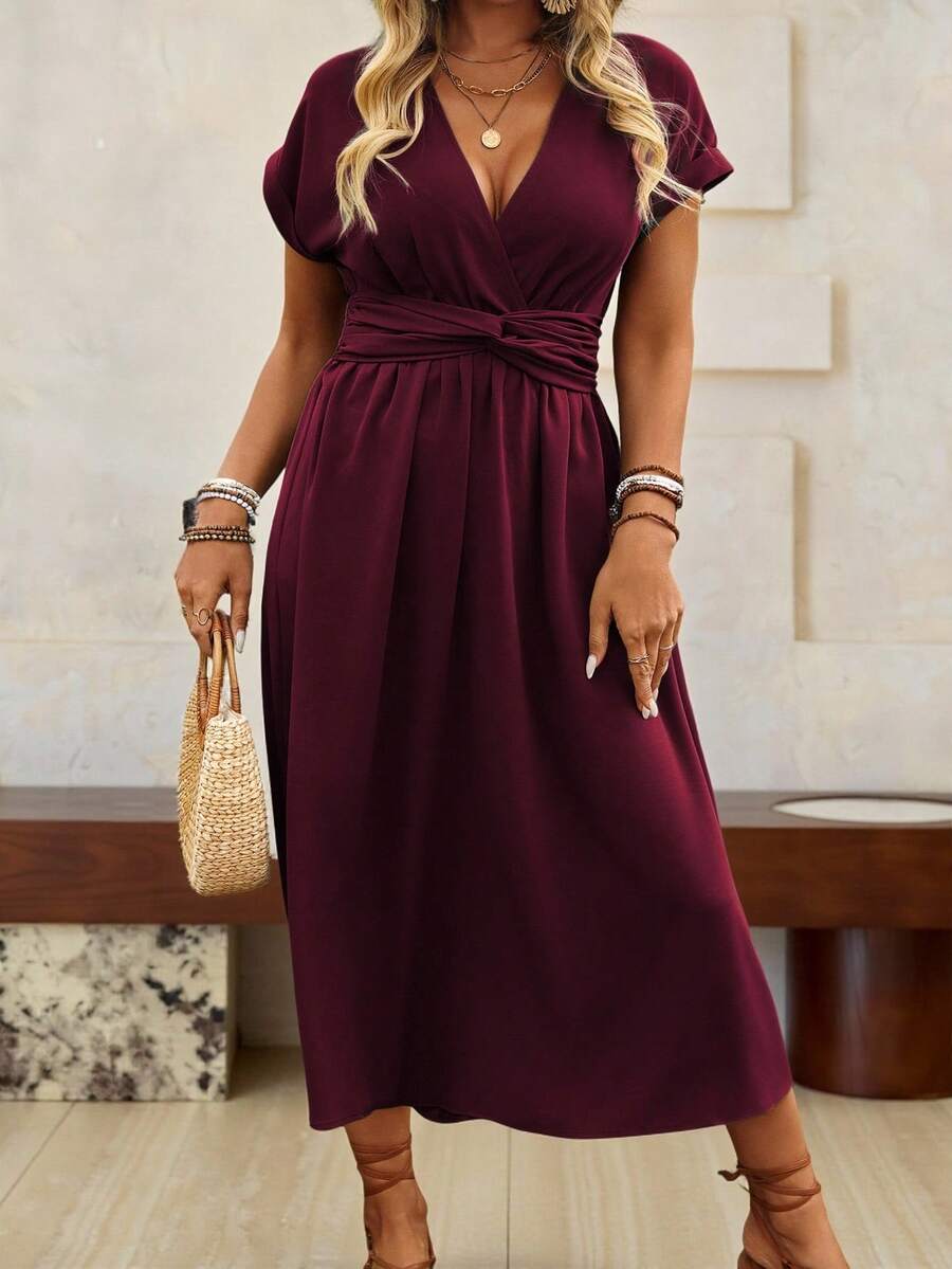 Roveilla Plus Size Women French Style Commute Casual Vacation Solid Color Crossover Shirred Tie Waist Back Adjustable Rolled Sleeve Midi Dress, Spring/Summer - Maroon - View 1