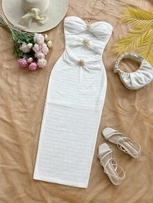 Soleia 女士白色性感沙滩无袖镂空休闲纹理连衣裙，适合音乐会，金属装饰 - 白色 - 查看 5