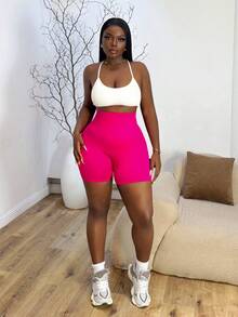 Core Rhythm High Waist Solid Color Fitted Casual Breathable Sports Shorts - Hot Pink - View 6