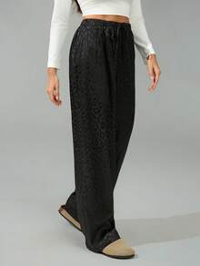 SHEIN Tall Damen Lässig Schwarze Leoparden Muster Loose Wide Leg Hose mit Kordelzug Taille, geeignet für Herbst/Winter und Frühling/Sommer