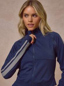 MUSERA Top à manches longues rayé avec détail de fermeture éclair à la taille, ajusté. Idéal pour les sorties, le style décontracté et le quotidien, en automne-hiver comme au printemps-été. - Bleu marine - Voir 2