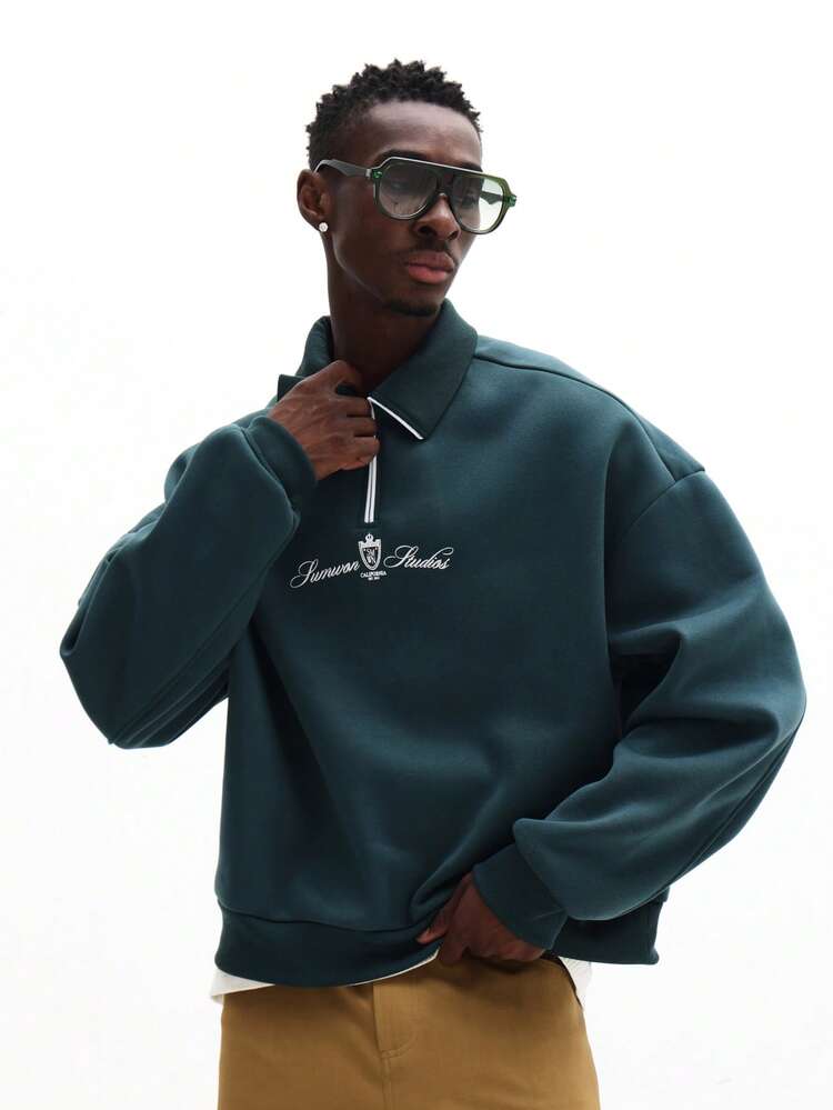 Boxy Quarter Zip Collared Sweatshirt With Logo